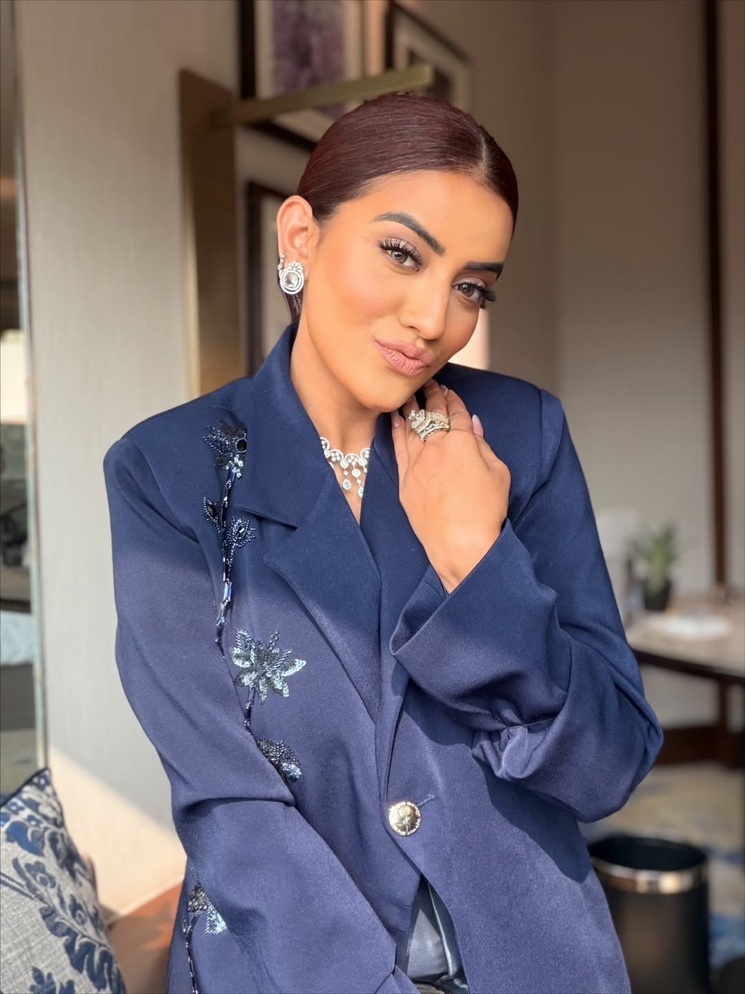 Akshara Singh in our midnight lotus blazer & veil pants