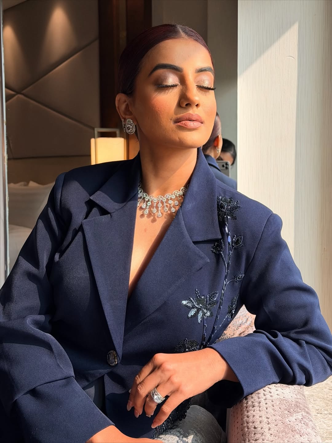 Akshara Singh in our midnight lotus blazer & veil pants