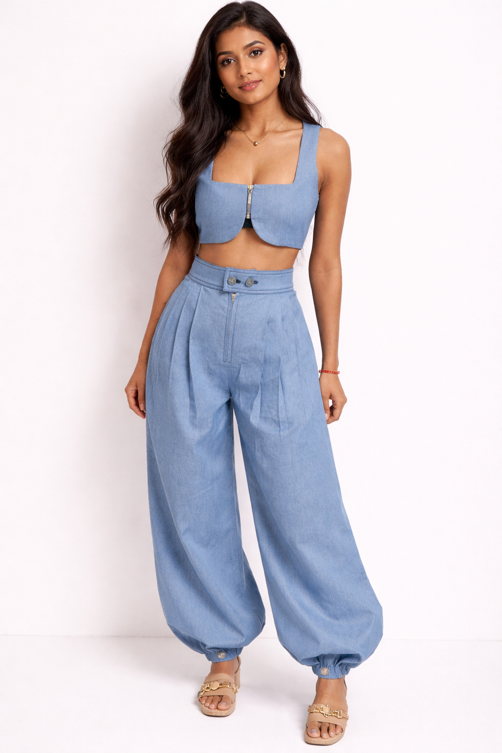 AZURE DRIFT Chambray Set (Sweetheart Crop Top + Gathered Balloon Pants)
