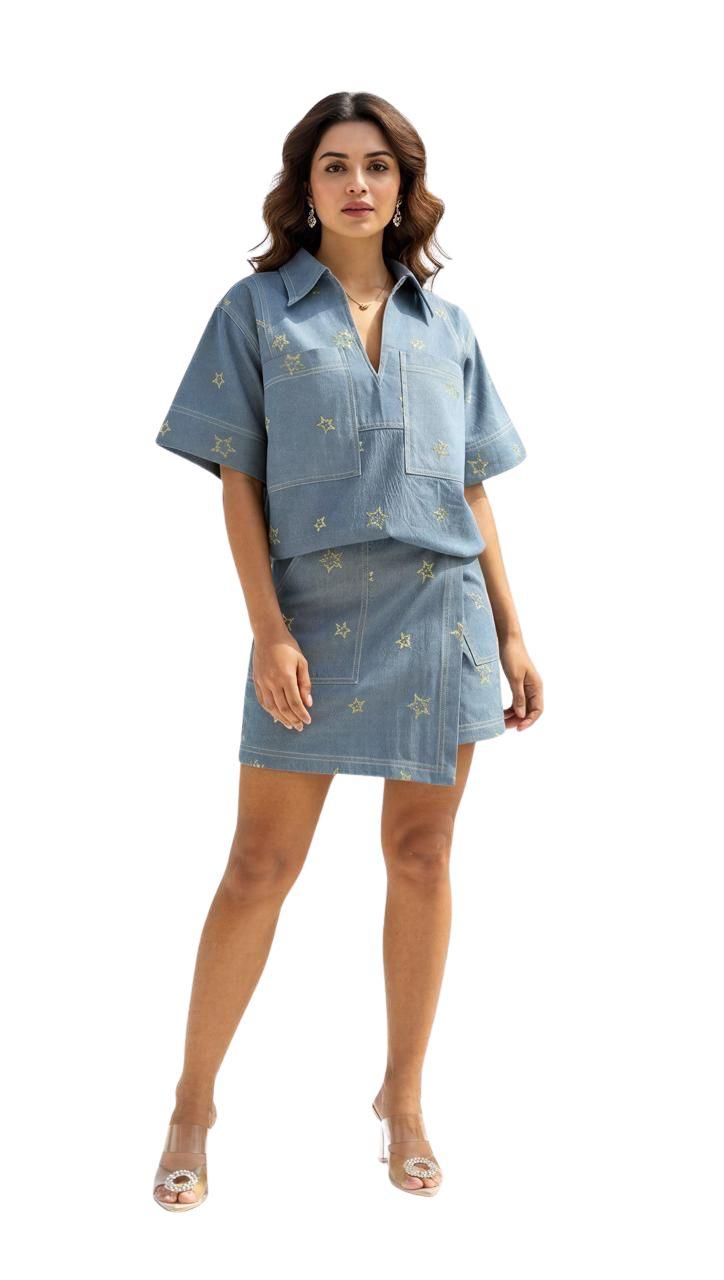 CELESTE STITCH Denim Set  (Short-Sleeve Shirt + Mini Skirt)