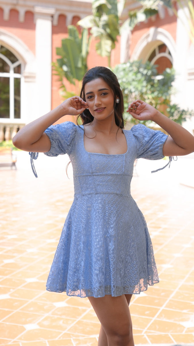 Plus Size - Challis Puff Sleeve Tea Length Dress - Torrid 1.State | Plush Luxe Puff Sleeve Lace トップ | Blue Night | S